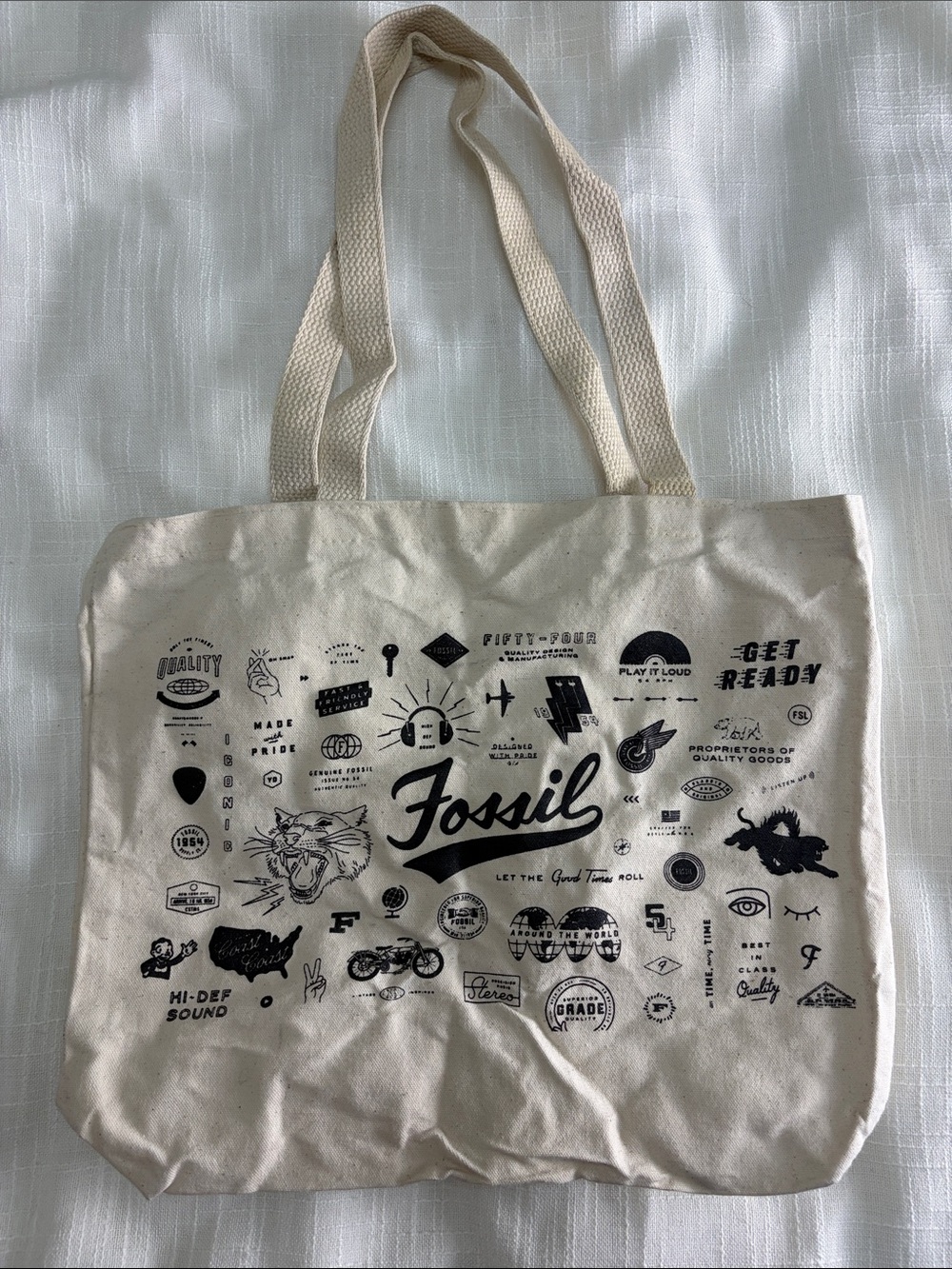 Fossil Cream Canvas Tote with Black Graphic Logo